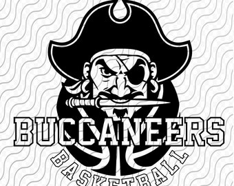 May include: Black and white illustration of a pirate with an eyepatch and a sword in his mouth. The text "BUCCANEERS BASKETBALL" is written around the pirate's head.