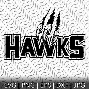 May include: Black and white graphic design of a fierce hawk claw with the word "HAWKS" in bold, block letters.