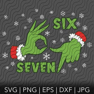Op de afbeelding: Een digitaal grafisch ontwerp met groene handen in een kerstthema. Eén hand vormt het 'OK'-gebaar, de andere wijst naar beneden. De woorden 'SIX' en 'SEVEN' zijn groen, met sneeuwvlokken op een grijze achtergrond.