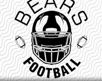 May include: Black and white graphic design of a football helmet with the text "Bears Football" around it. Two footballs are on either side of the helmet.