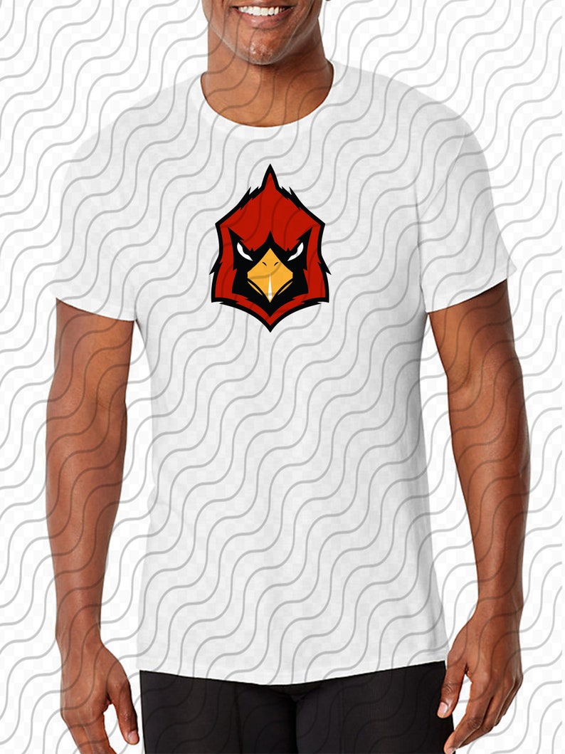 Op de afbeelding: Wit T-shirt met een rode kardinaalskop-afbeelding. De kardinaal heeft een zwarte snavel en gele ogen.