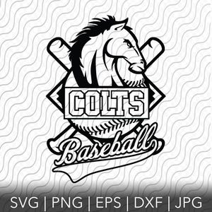 May include: Black and white illustration of a horse head with a baseball and bats crossed behind it. The word "COLTS" is written on a banner above the baseball and the word "Baseball" is written in a curved banner below the baseball.
