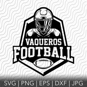 May include: Black and white graphic design of a football player wearing a helmet with the text "VAQUEROS FOOTBALL" and a football underneath.