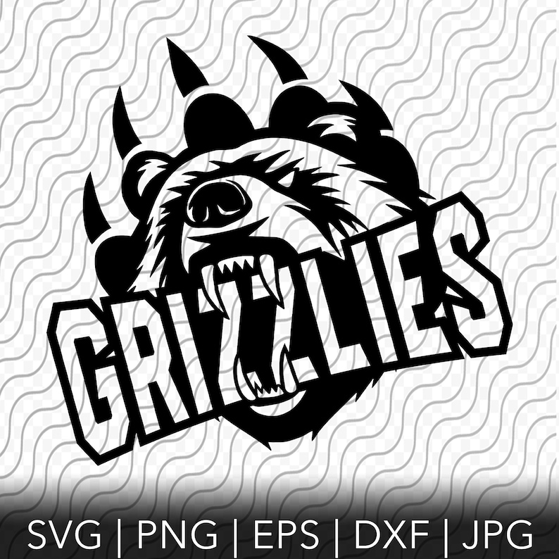 May include: Black and white illustration of a bear's head with a snarling expression, set against a paw print. The word "Grizzlies" is written in bold, white letters across the bear's face.