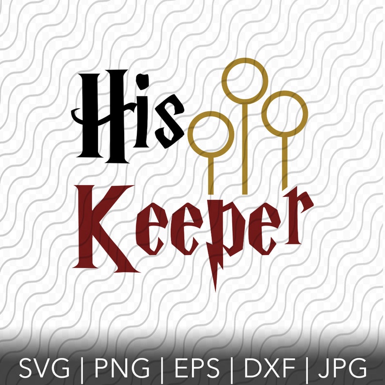 Op de afbeelding: Zwarte en rode tekst die "His Keeper" luidt met een gouden bliksem en drie gouden ringen.
