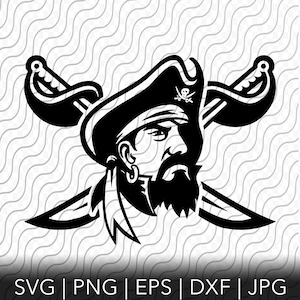 Könnte beinhalten: Schwarz-weiß-Illustration eines Piraten mit Bandana, Augenklappe und Bart. Der Pirat trägt einen Hut mit einem Totenkopf- und Knochenkreuz-Emblem. Zwei gekreuzte Schwerter befinden sich hinter dem Kopf des Piraten.