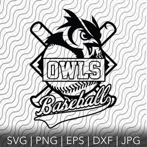 Puede incluir: Ilustración en blanco y negro de un búho con bates de béisbol y una pelota de béisbol con la palabra "OWLS" y "Baseball" escrita en ella.