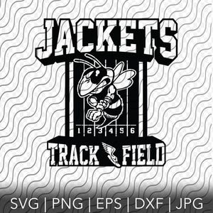 May include: Black and white graphic design of a bee with the text "Jackets Track Field" and numbers 1 through 6.