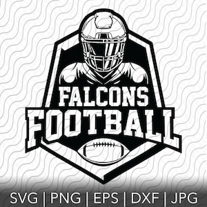 May include: Black and white graphic design of a football player wearing a helmet with the text "Falcons Football" and a football underneath.