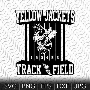 Pode incluir: Design gráfico preto e branco de um mascote de jaqueta amarela com o texto "YELLOW JACKETS TRACK FIELD" e os números de 1 a 6.