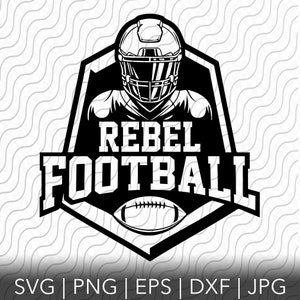 Puede incluir: Diseño gráfico en blanco y negro de un jugador de fútbol americano con casco y el texto "Rebel Football" debajo.