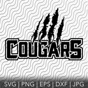 Puede incluir: Diseño gráfico en blanco y negro de una huella de pata de puma con la palabra "COUGARS" en letras negritas.