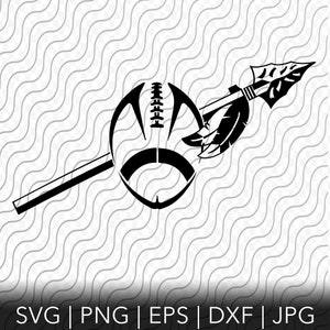 Könnte beinhalten: Schwarz-weiße Silhouette eines Fußballs mit einem Speer und Federn. Der Speer ist diagonal über den Fußball geneigt.