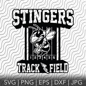 May include: Black and white graphic design of a bee with the word "STINGERS" above it and "TRACK FIELD" below it. The bee is in a track and field lane with numbers 1 through 6.
