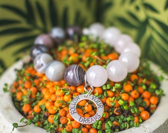 Natural Gemstone bracelet Botswana Agate + Rose Quartz + silver charm Follow your dreams