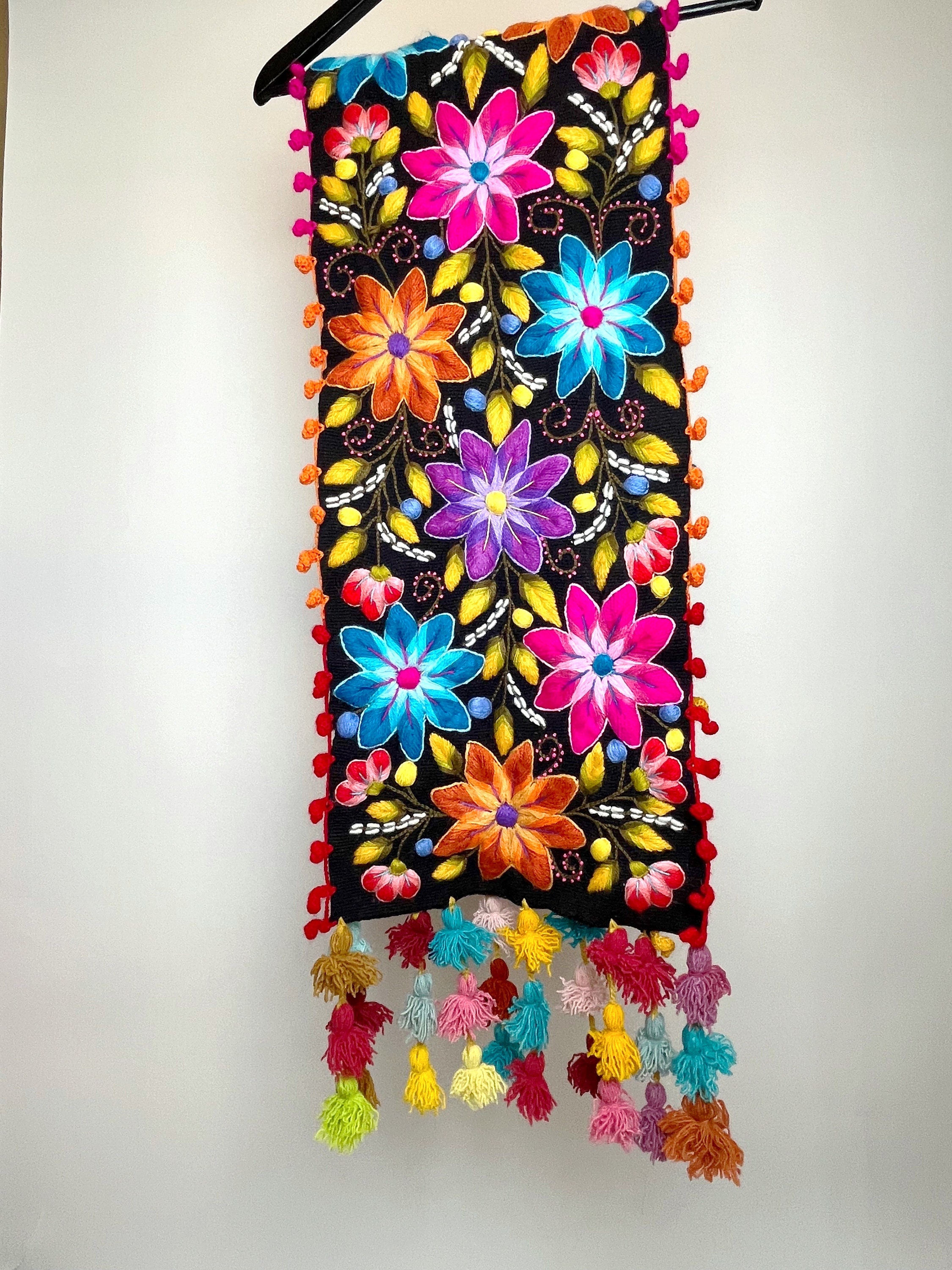 Hand Embroidery Floral Table Runner, Black Rainbow, Peruvian Hand Embroidery Floral Table Runner, Black Rainbow, Peruvian