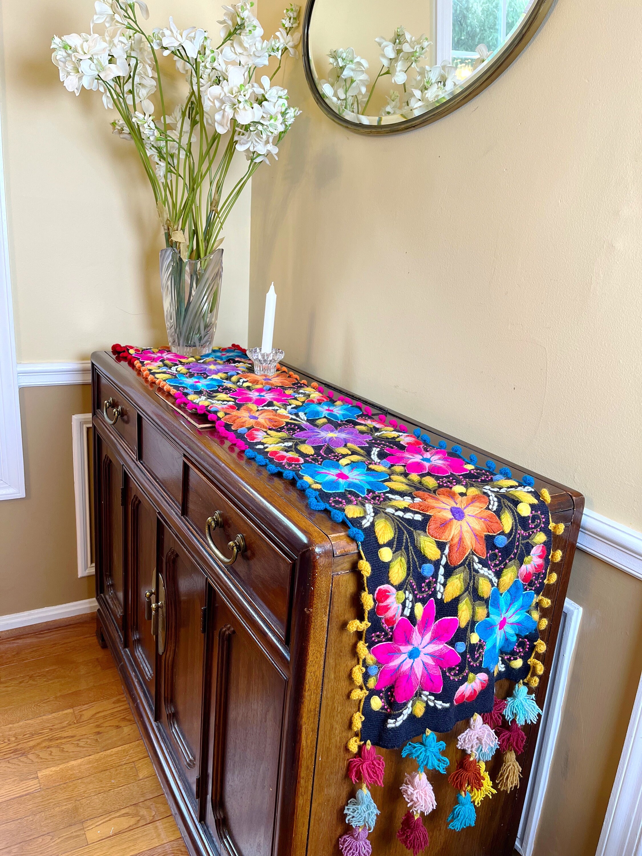 Hand Embroidery Floral Table Runner, Black Rainbow, Peruvian Hand Embroidery Floral Table Runner, Black Rainbow, Peruvian