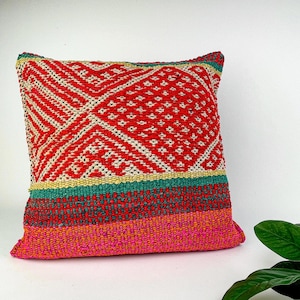 Handwoven Wool Pillow Cover 61: (18x18)  Red Diamonds Stripes, Boho Home Decor