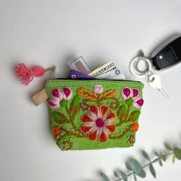 Victoria Small Pouch, coin bag, embroidered wallet, floral pouch, fabric wallet