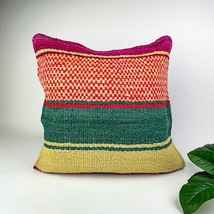 Handwoven Wool Pillow Cover 55 : (18x18) Yellow Green Stripes, Boho Home Decor