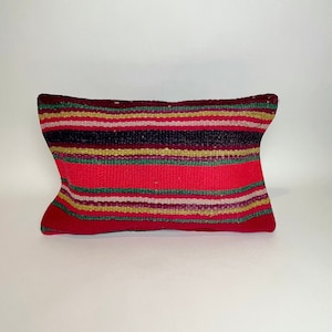 Cuzquena Vintage Wool Textile Lumbar Pillowcase, Pink Stripes, Frazada Blanket Pillowcover, Peruvian textiles, Peruvian cushion, Boho Home