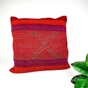 Handwoven Wool Pillow Cover 59: (18x18) Fuchsia Orange X Stripes, Boho Home Decor