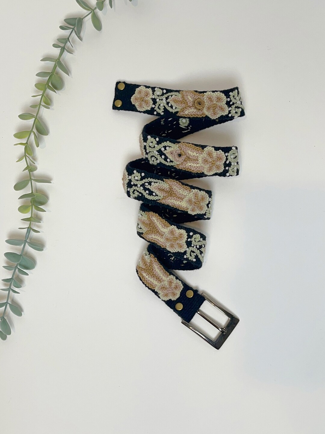 Two-Tone Embroidered Wool Belt, Black/Cream