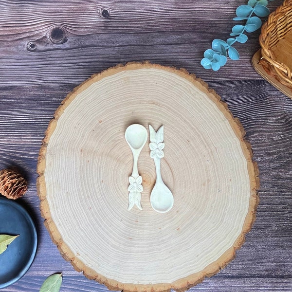 Unka Mini Hand Carved Floral Spoon – Set of 2, handmade natural wooden spoon, organic kitchen utensil, eco gift, wedding favors, bridal