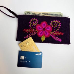 Embroidered Wool Wallet with Wristlet, Peruvian Margarita Floral Zip Pouch