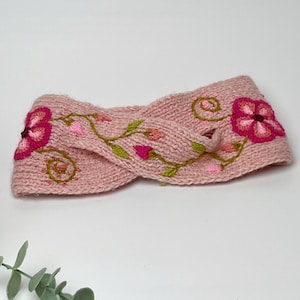Hand Knitted Artisanal Wool Ear Warmer: Margarita Embroidered Floral Headband