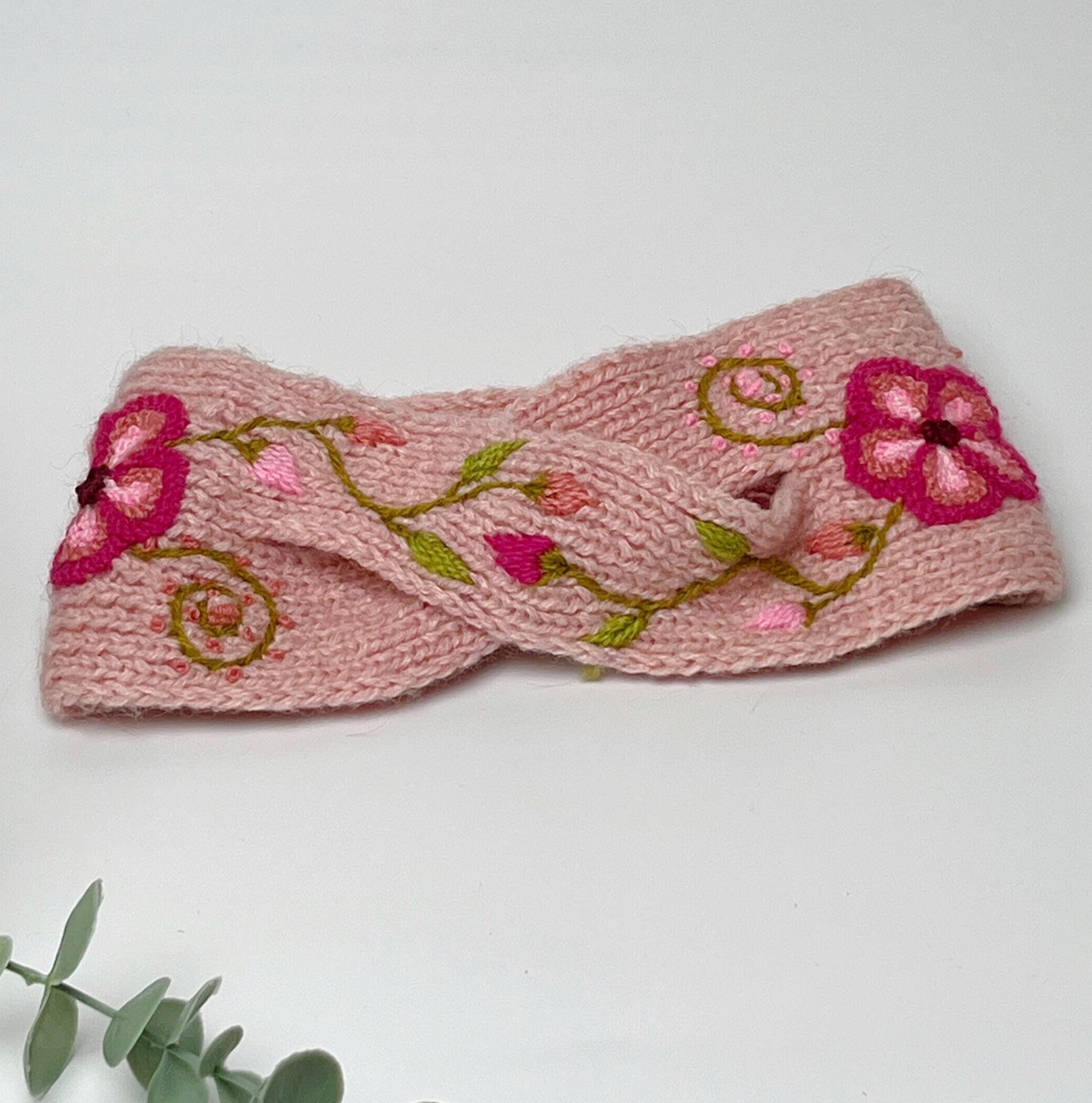 Hand Knitted Artisanal Wool Ear Warmer: Margarita Embroidered Floral Headband