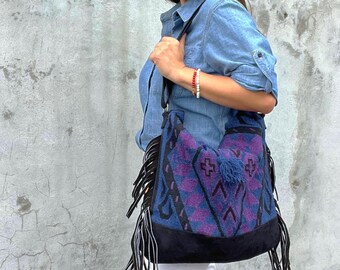 Infinita Fringe Bag Blue Suede Tassel bag, Ethnic Tassel crossbody, Boho bag, Western Leather Bag, Fringe leather bag, Peruvian bag, Andean