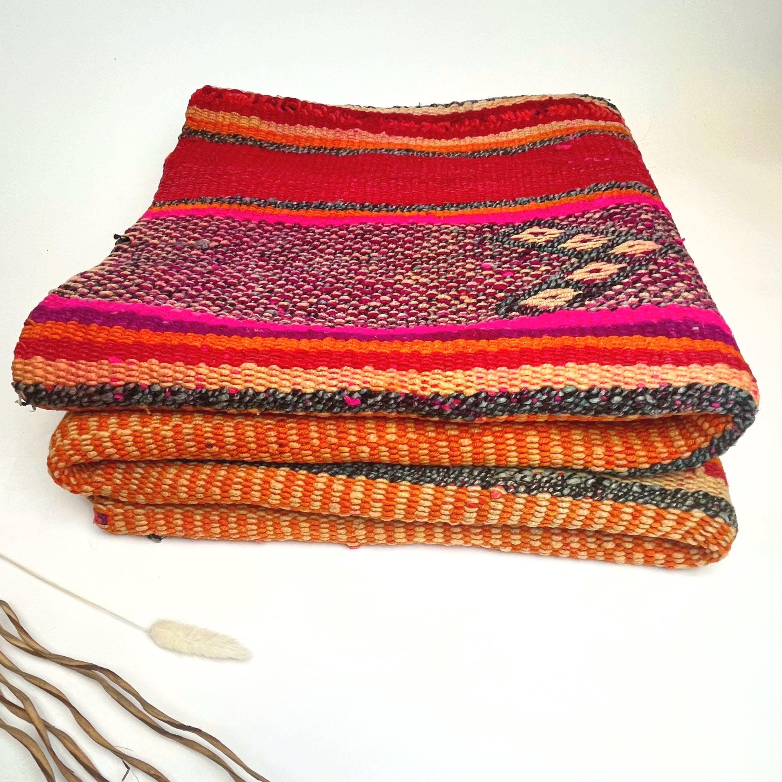 Handwoven Andean Frazada Rug: Vintage Magenta Wool Throw (66” x 64”)