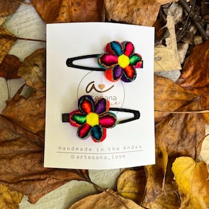Handmade Flower Pom Pom Hair Clips: Wool Blend Set