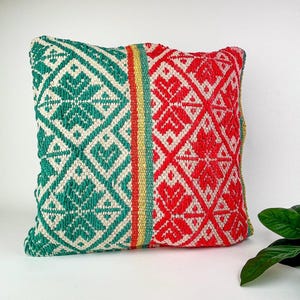 Handwoven Wool Pillow Cover 60: (18x18) Teal Red Flowers , Boho Home Decor
