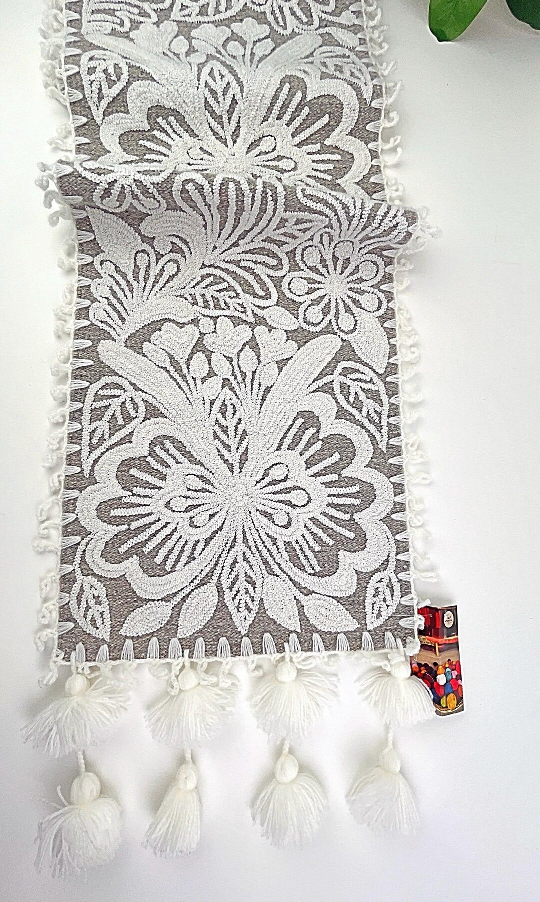 Hand Rummer Hand Embroidered Wool Floral Table Runner Gray White: Peruvian Boho ...