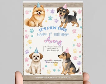 Puppy eerste verjaardagsuitnodiging jongen, aquarel hond Pawty invite, 1e verjaardag Paw Time, digitale Canba