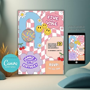 Five is a Vibe Birthday Invitation | Groovy Retro 5th Party Template | Editable Girl Invite