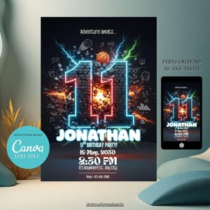 May include: A birthday party invitation with a neon-style "11" design, featuring a basketball, lightning bolts, and the name "Jonathan." The invitation includes the party details and is available as an instant download.