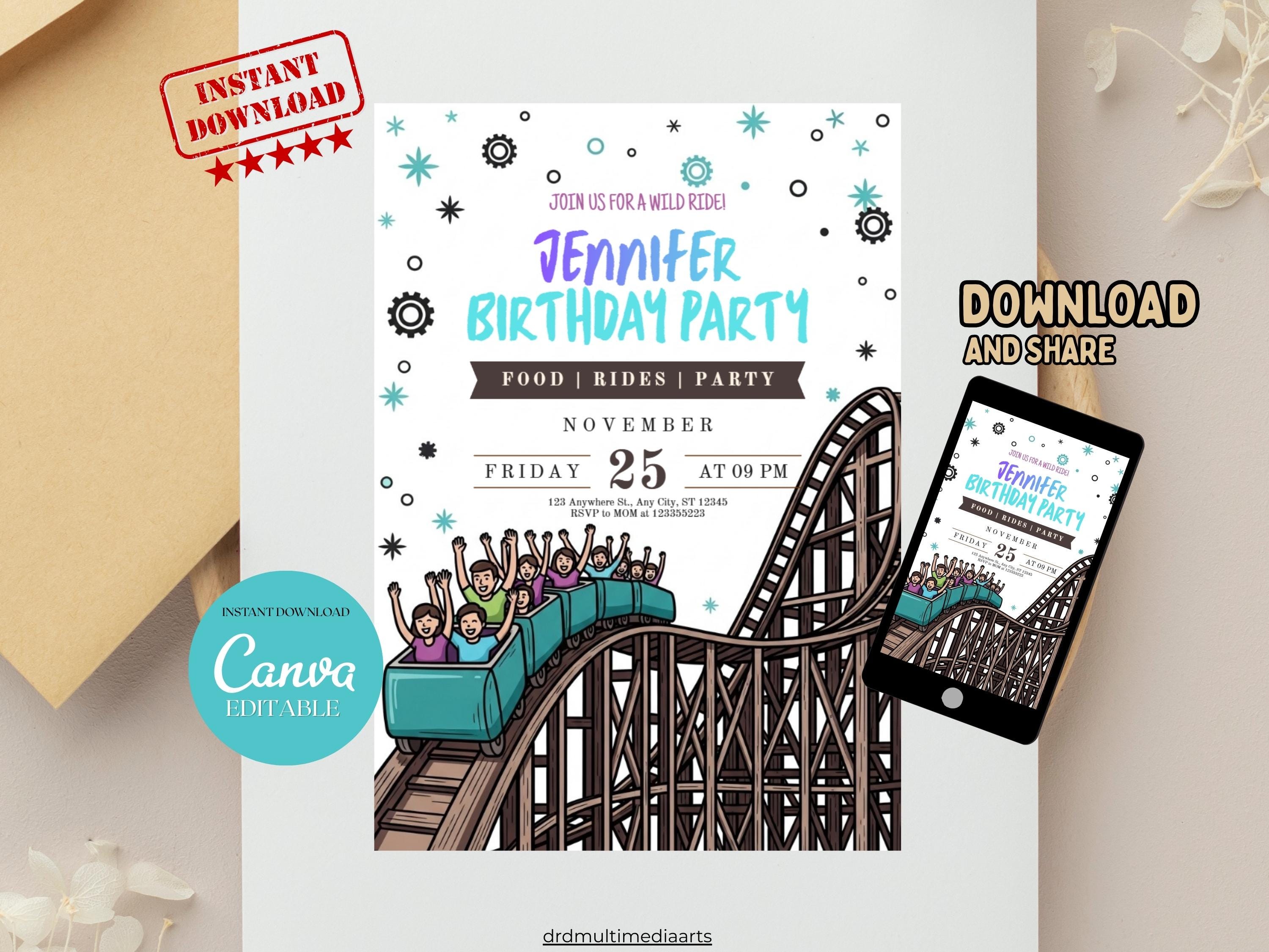 Roller Coaster Birthday Invitation - Amusement Park Wild Ride Party ...