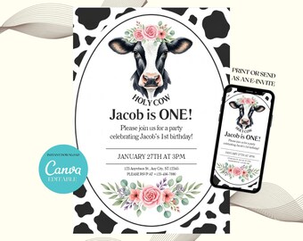 Holy Cow Im One Birthday Invitations, Editable Boy or Girl Theme, Farm Party Invite, Digital Download - 5x7