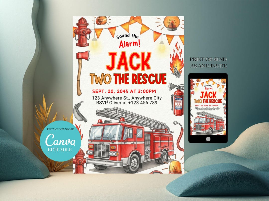 Fire Rescue Invitations Fire Truck Birthday Invitation, Sound the Alarm 2nd Birthday, Two the ...