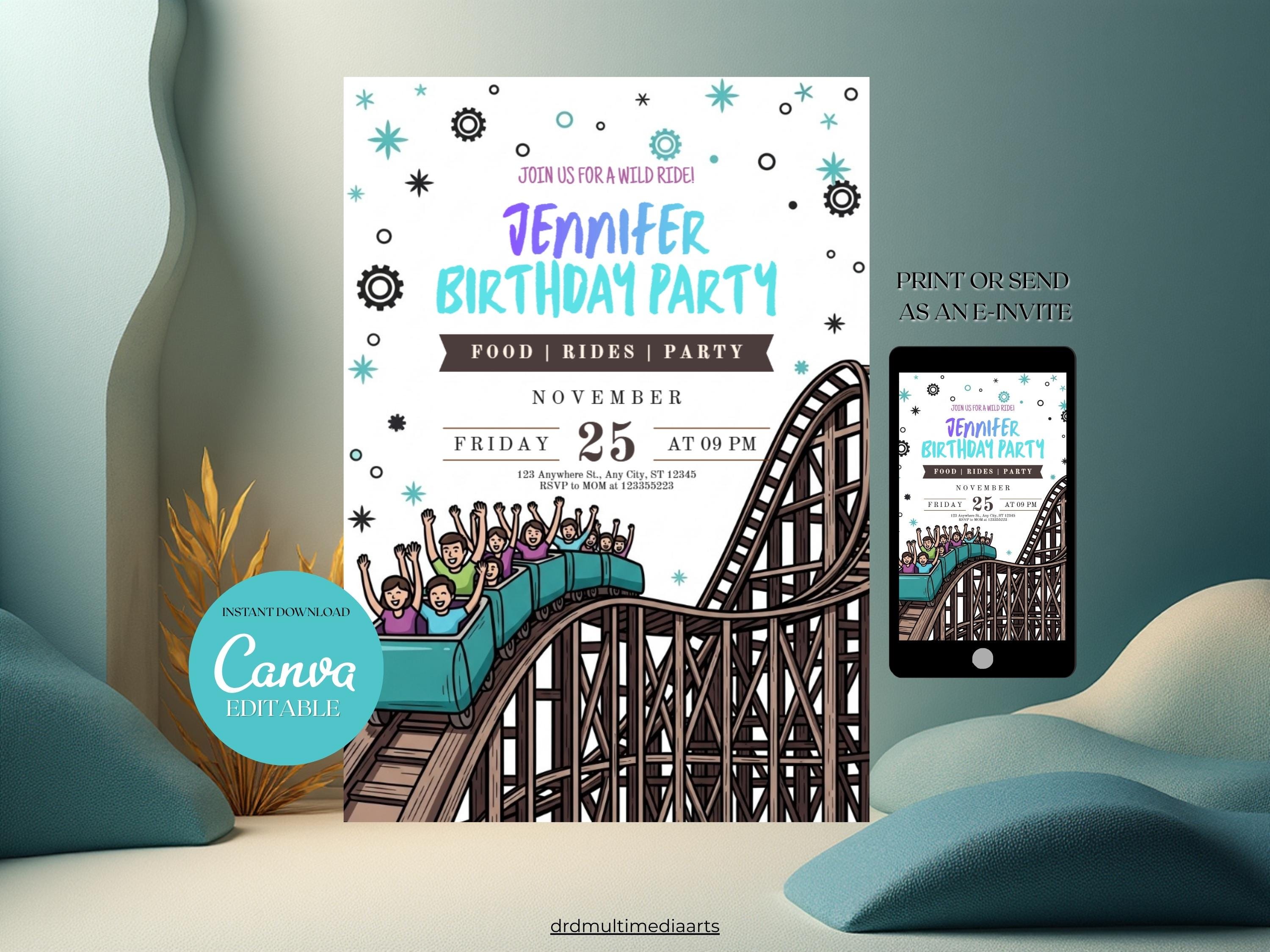 Roller Coaster Birthday Invitation - Amusement Park Wild Ride Party ...