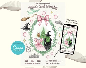 Editable Wicked Birthday Party Invitation, for 2-Year-Old Girl, Canva Custom Template, Instant Digital Download Invite