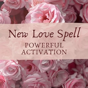 May include: A pink and white background with the text "New Love Spell Powerful Activation" in brown text.