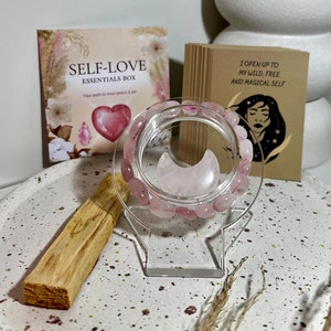 Boîte de produits essentiels Selbstliebe | Spirituelles Geschenk mit Rosenquarz, Affirmationskarten und Wellness-Tools für innere Ruhe und Selbstfürsorge