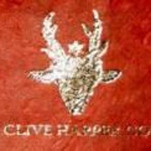 May include: A red background with a silver stag head with antlers and the text "from the Clive Harper Angel Button"