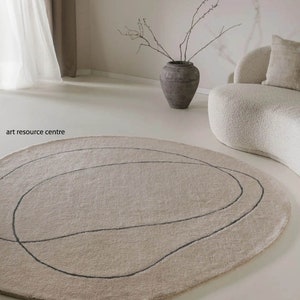 Minimalist Premium Modern Abstract 10x10 Round shape Baige,Grey,Teal Handmade woolen Tufted area Rug for Living Room Bedroom 6x6 7x7 8x8 9x9
