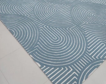 Premium quality ivory blue green 8x10 Modern Abstract Combed Curves Woolen Hand Tufted Area Rug for Living Room,Bedroom,Office,Gift for home