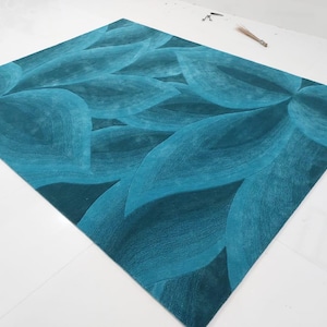 Modern Leaves Pattern Teal blue 8x10 9x12 100%wool area rug For Living Room,Bedroom and Office,Handmade Designer Wool Carpets, Gradient Rugs